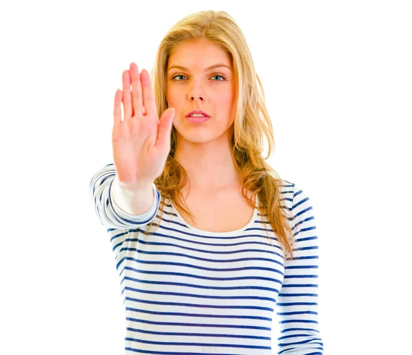 Portrait of serious teen girl showing stop gesture — Stock Photo, Image