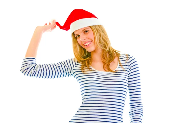 Noel Baba şapkası, oynak güzel genç kız — Stok fotoğraf