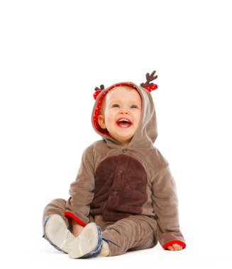 Portrait of lovely baby dressed as Santa Claus reindeer clipart