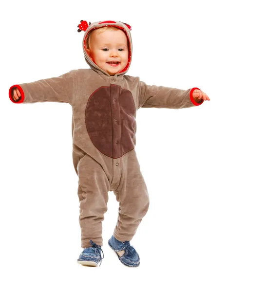 Roztomilé dítě v kostýmu santa claus sobů tanec — Stock fotografie