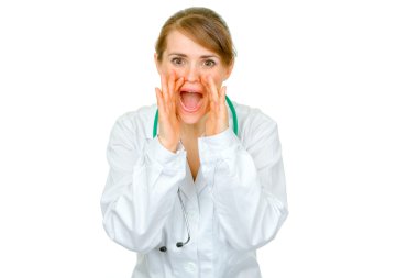 Cheerful medical doctor woman shouting through megaphone shaped hands clipart