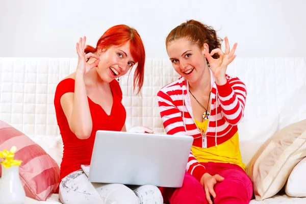 Lachen vriendinnen met behulp van laptop en weergegeven: ok gebaar — Stockfoto