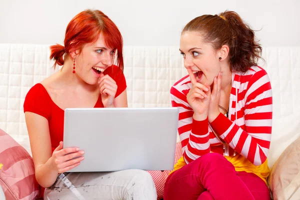 Zwei schlaue Freundinnen mit Laptop, um etwas Würziges zu machen — Stockfoto