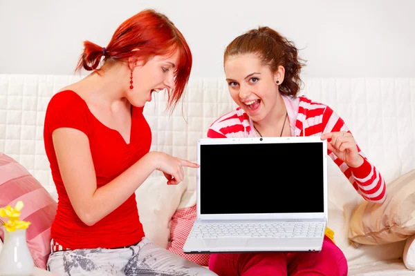 Two cheerful girlfriends pointing on laptops blank screen — Stock Photo, Image