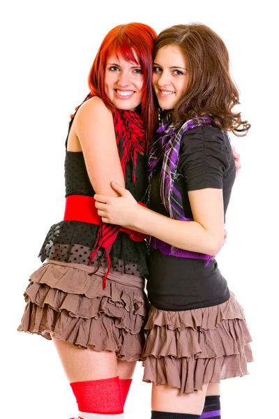 Two good girlfriends happily embracing — Stock Photo, Image