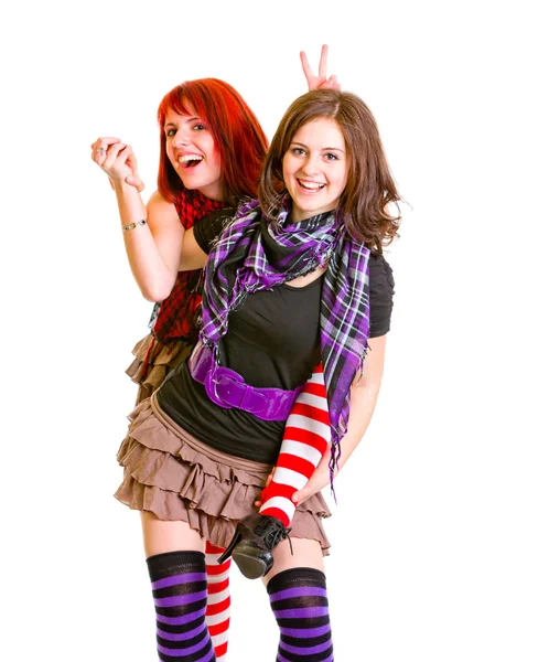 Two happy girlfriends funny posing together — Stock Photo, Image