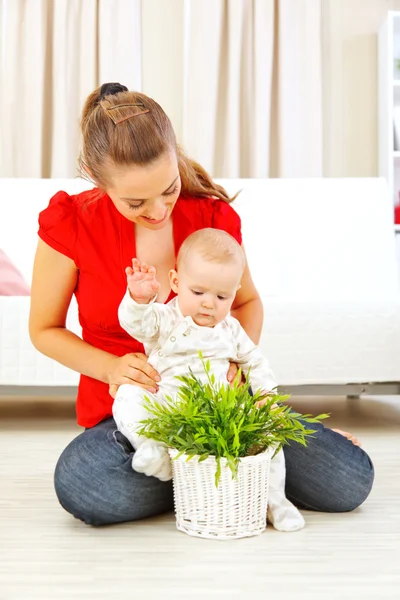 Sonriente mami mostrando planta a su bebé —  Fotos de Stock