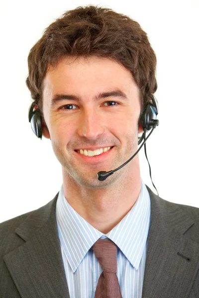 Portrét smějící se podnikatel s headsetem — Stock fotografie