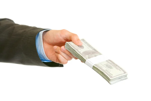 La mano del hombre sosteniendo una pila de dólares. Primer plano . —  Fotos de Stock