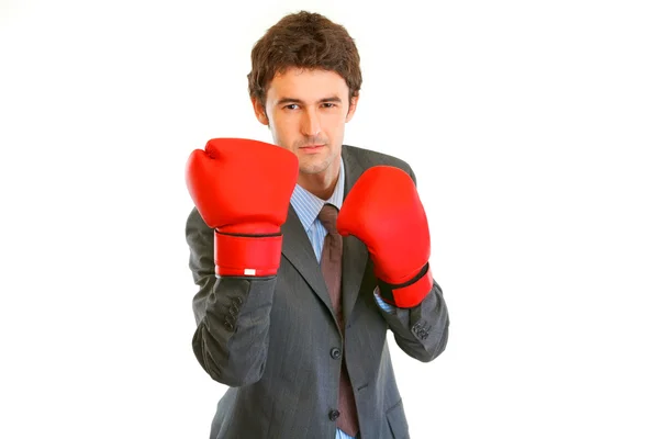 Rozzlobený moderní podnikatel s Boxerské rukavice — Stock fotografie
