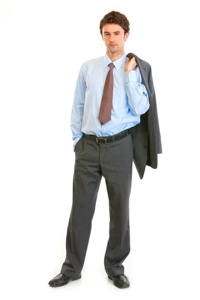 Ολόσωμο πορτρέτο του αυτοπεποίθηση επιχειρηματίας με το σακάκι του — Φωτογραφία Αρχείου