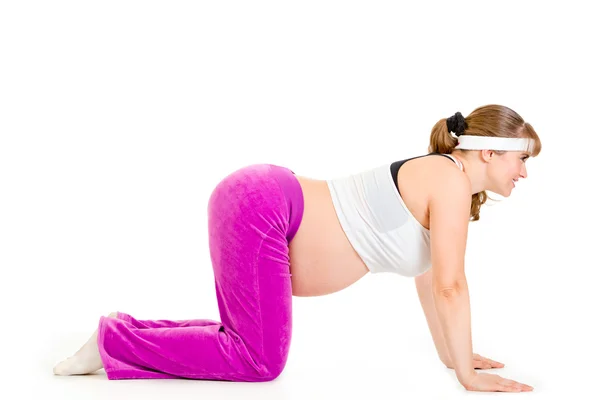 Sorridente bella donna incinta che fa esercizi di fitness — Foto Stock