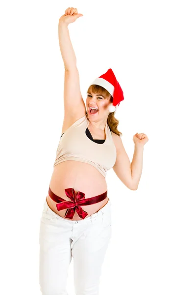 Glad jul gravid kvinna i santa hatt visar tummen upp gest — Stockfoto