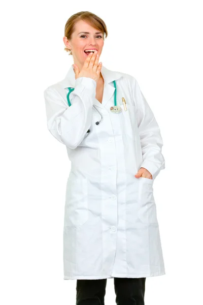 Medical doctor woman confusedly laughing — Stock Photo, Image
