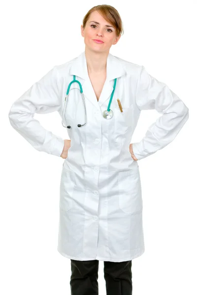 不快に腰に手を繋いでいる医師の女性 — ストック写真