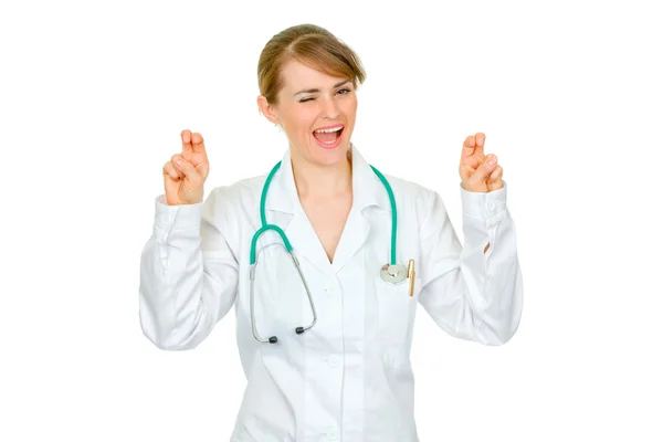 Wesoły lekarz kobieta pokazano powietrza Cytaty gest — Zdjęcie stockowe
