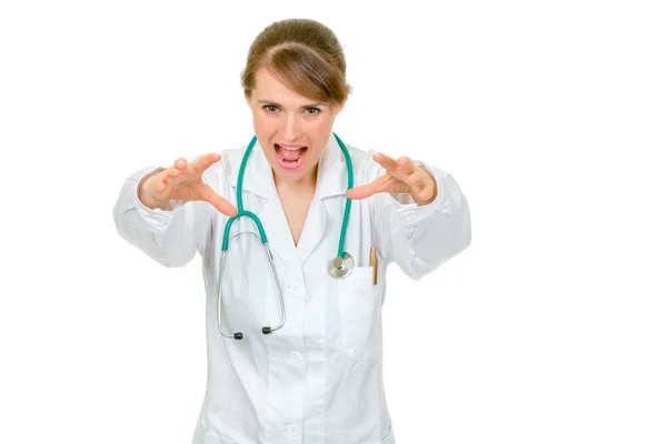 Médico irritado mulher com estetoscópio quer pegá-lo — Fotografia de Stock