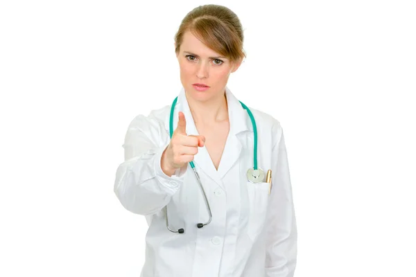 Médico estricto médico mujer sacudiendo su dedo — Foto de Stock