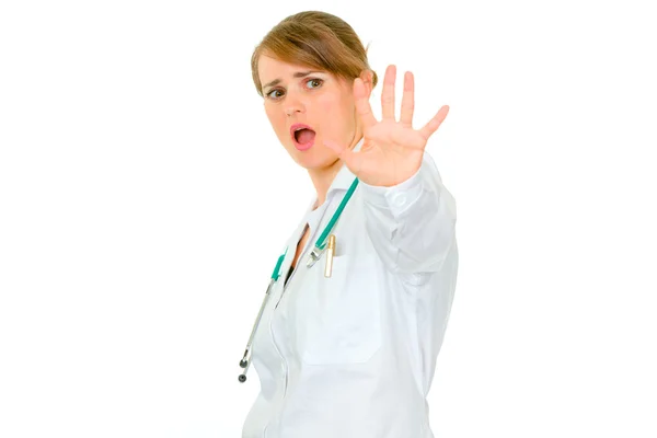 Przestraszony młoda kobieta lekarz — Zdjęcie stockowe