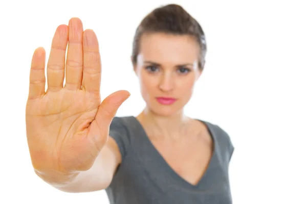 Business woman showing stop gesture — Stock Photo, Image