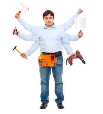 Construction worker with six hands. Do-all man concept clipart