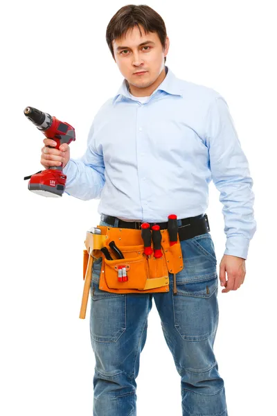 Trabajador de construcción con destornillador eléctrico — Foto de Stock