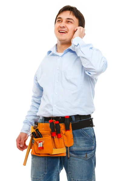 Portrait of construction worker speaking phone — Stock Photo, Image