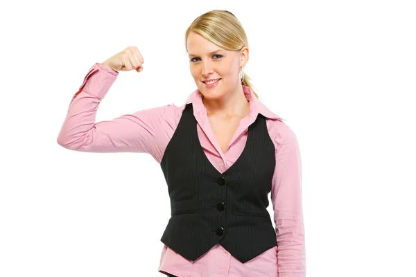 女性従業員示す上腕二頭筋。強力なパートナーのコンセプト — ストック写真