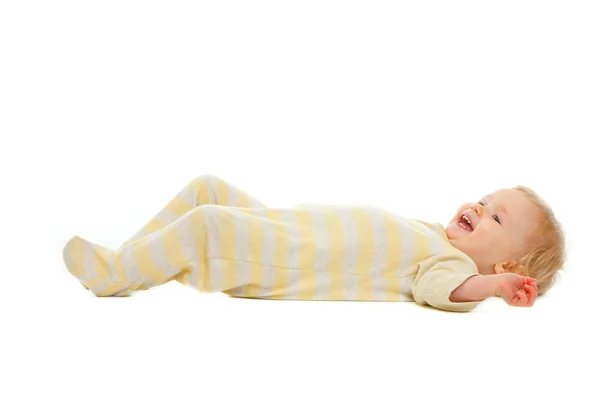 かわいい赤ちゃんを白で隔離される床の上に敷設 — ストック写真