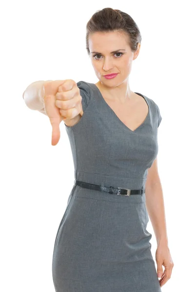 Mulher de negócios moderna mostrando polegares para baixo — Fotografia de Stock