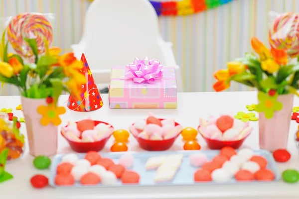 stock image Closeup on table decorated for baby birthday party