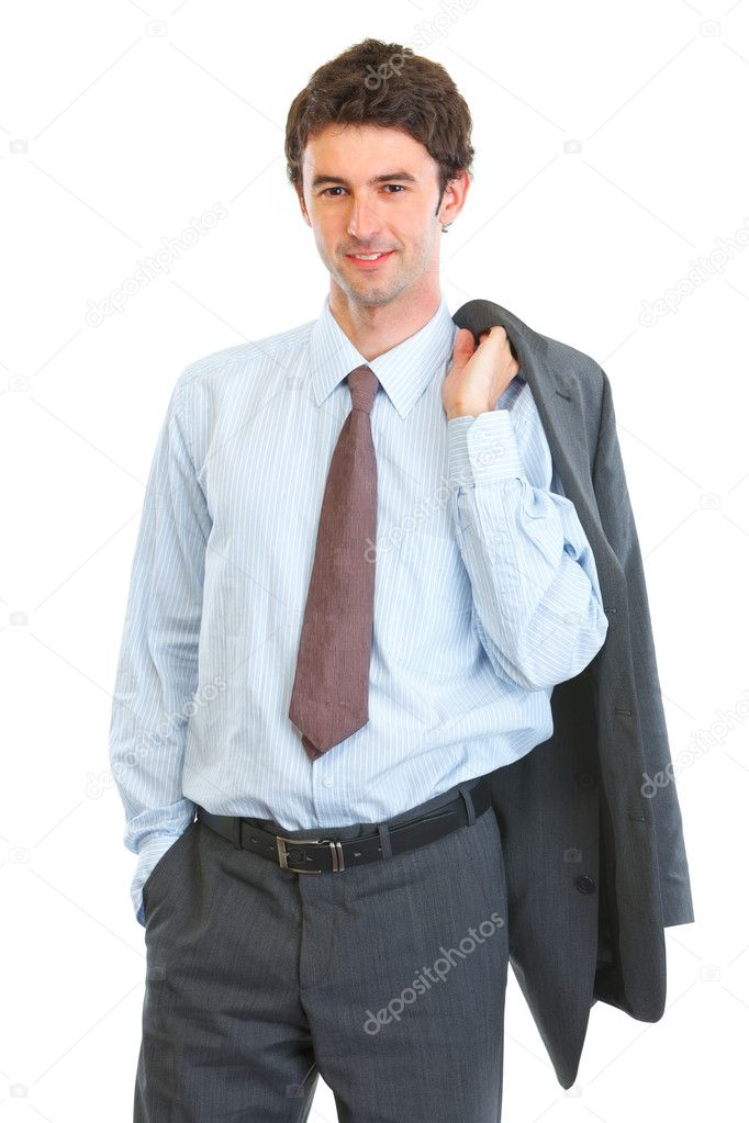 Portrait of happy business man with jacket on shoulder
