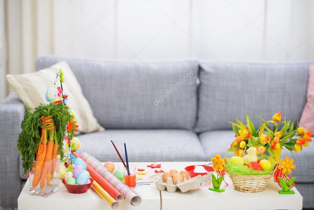 Preparations for Easter. Table with decoration stuff