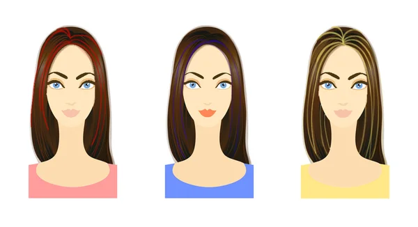 Conjunto de tres variantes de peinado con cerraduras de colores brillantes. Ep. — Foto de Stock