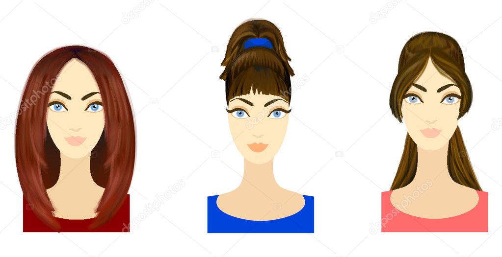 Set of three variants of hairstyle with bright colored locks. Ep