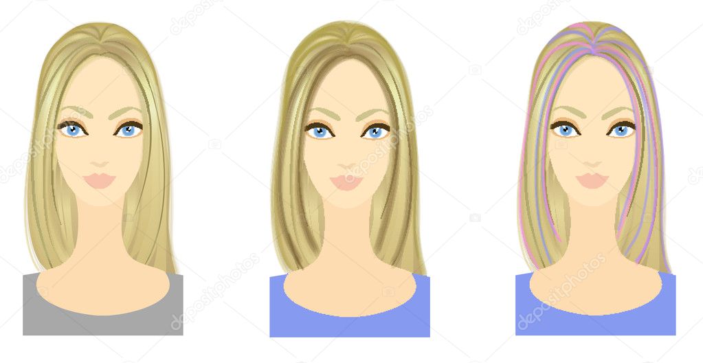 Set of three variants of hairstyle with bright colored locks. Ep