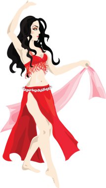 güzel bir kadın kırmızı oryantal dans performans sergiliyor.