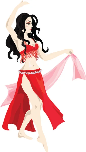 Beautiful woman in red performs belly dance — Stock Vector