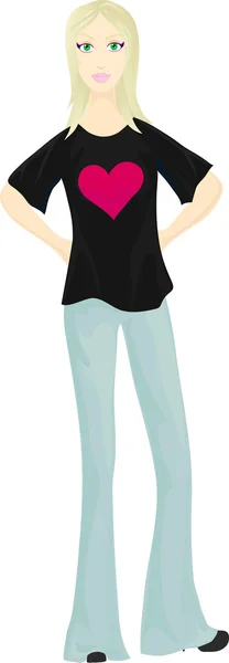 Girl in T-shirl with heart printed on it — Stock Vector