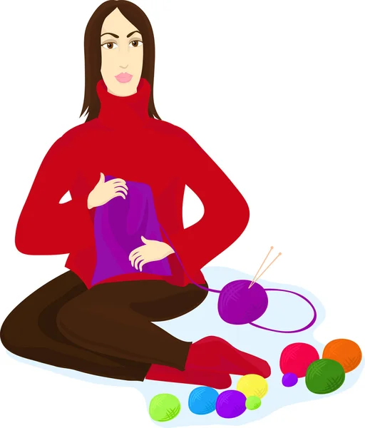 Une femme avec des pinces de différentes couleurs et une aiguille à tricoter — Image vectorielle
