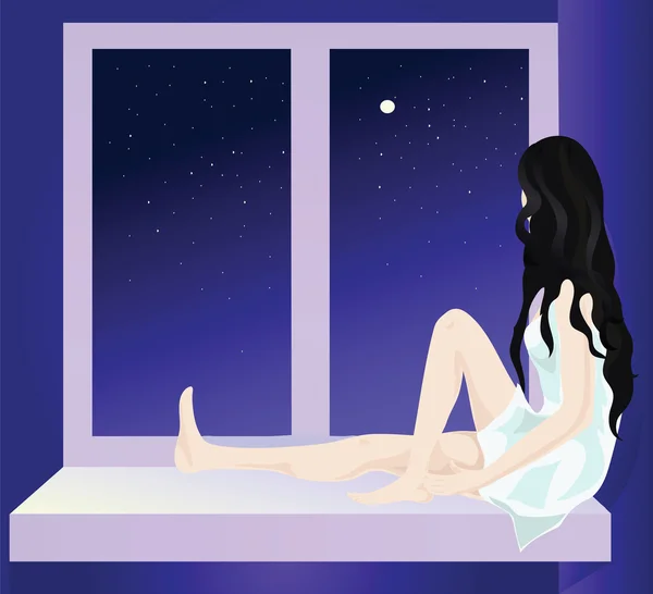 Flicka sitter på fönsterbrädan — Stock vektor