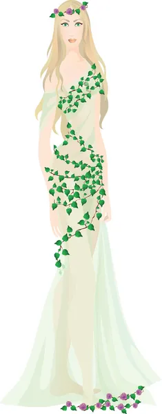 Beautiful fairy girl in light clothes with leaves — Stock Vector