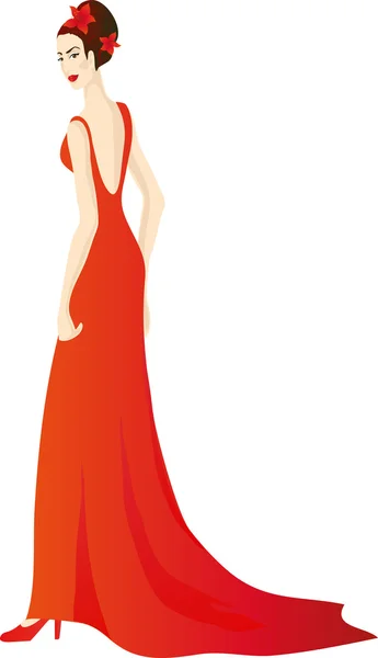 Beautiful girl in splendid evening red dress — Stock Vector