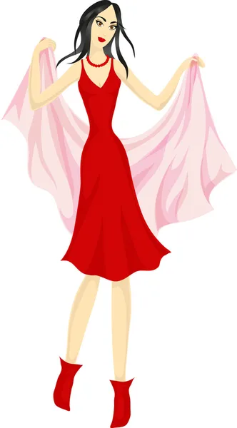 Schöne brünette Mädchen im roten Kleid — Stockvektor
