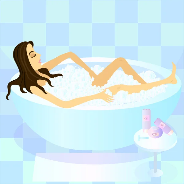 Hermosa mujer tumbada en un baño de espuma y relajante. Eps 10 — Archivo Imágenes Vectoriales