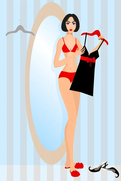 Όμορφη γυναίκα στέκεται μπροστά από έναν καθρέφτη και κρατώντας μια πρόσδεση. EPS 10 — Διανυσματικό Αρχείο