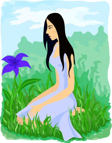 Menina bonita sentada entre a grama e olhando para o flowe azul —  Vetores de Stock