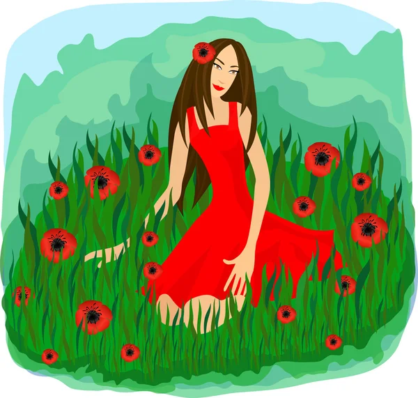 Красивая девушка сидит среди травы и цветка мака. Eps 10 — стоковый вектор