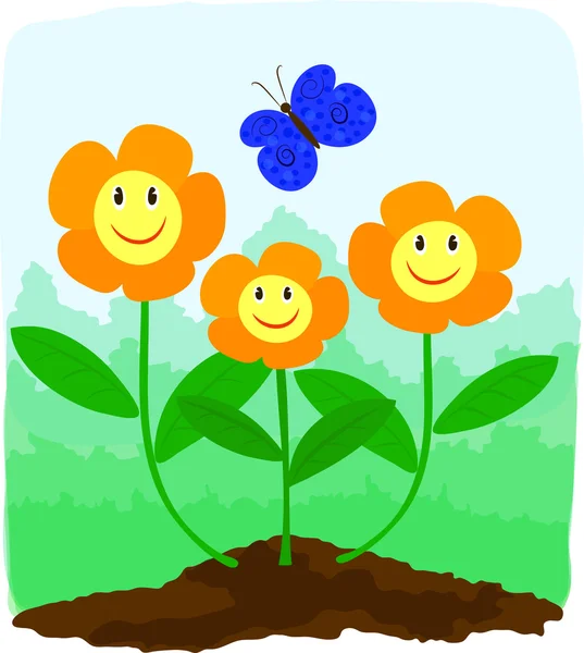 Flores sonrientes de color naranja divertido y mariposa azul. Eps 10 — Vector de stock