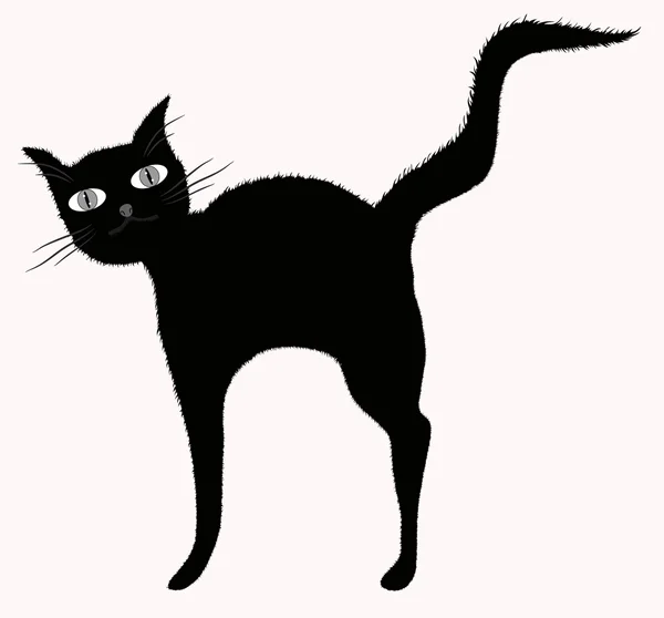 Vicces nagy szemű fekete macska emelt molyhos farok. EPS-10 — Stock Vector
